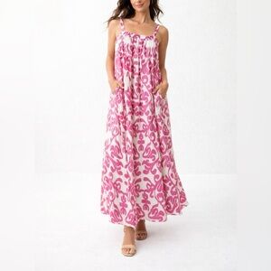 Sheridan French Melissa Dress Fluoro Pink Ikat Silk Maxi Size 4 Resort Chic